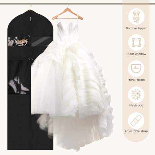 Wedding Dress Garment Bag,72" Tri-Fold Bridal Gown Bag with 6 Pouches and Adjustable Buckle Gown Cover for Wedding/Prom/Travel/Closet Storage (Black) - color: Black