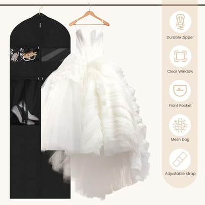 Wedding Dress Garment Bag,72" Tri-Fold Bridal Gown Bag with 6 Pouches and Adjustable Buckle Gown Cover for Wedding/Prom/Travel/Closet Storage (Black) - color: Black