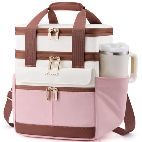 LOVEVOOK Insulated Lunch Bag Women Men,Expandable Double Deck Lunch Box for Women With Large Cup Holder,Leakproof Cooler Bag For Adult Lunch Tote Bag Work Picnic Beach with Adjustable Shoulder Strap - color: Off White with Pink with Brown, size: X Large —