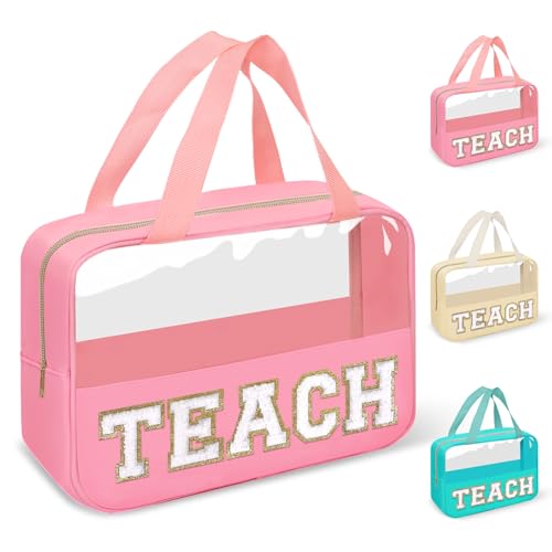 Teacher Appreciation Gifts Chenille Letter Clear Makeup Bag TEACH Pouch, Preppy Waterpoof Makeup Cosmetic Bag with Zipper Graduation Retirement Birthday Teacher Essentials Gifts for Women(TEACH-Pink) - color: TEACH-Pink