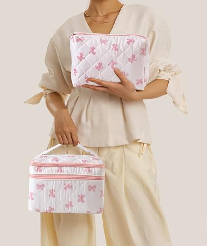 HBselect 2Pcs Travel Makeup Bag, Large Cotton Quilted Makeup Bag Cosmetic Bag Cute Make up Bag Toiletry Bags for Women Girls - color: 2PCS-BOW2