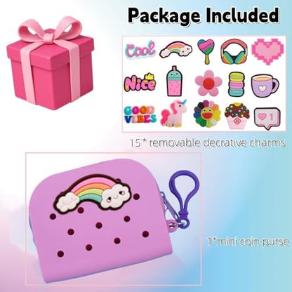 Soft Silicone Mini Coin Purse with Zipper and Cartoon Hole,with 15 pcs DIY Charms. Portable Keychain Pouch Organizer (Purple) - color: Purple