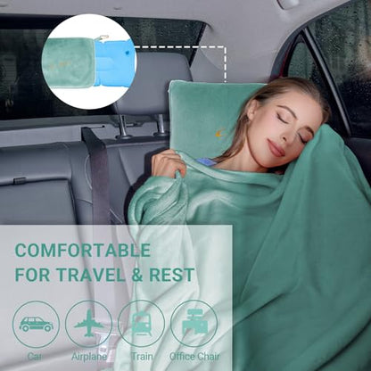 Travel Blanket & Pillow Set, 300 GSM Soft Fleece, 60x43 Inches, 3-in-1 Airplane Blanket, Travel Pillow and Blanket Set, Travel Blanket Airplane Compact with Bag, Travel Essentials,Mint Green - color: Mint Green-1