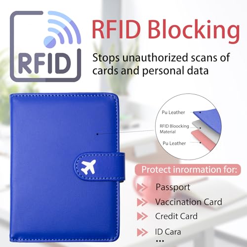 Passport Holder, Travel Wallet Cover with Pen Loop | Cute RFID Blocking Leather Case with Magnetic Closure for Travel Essentials-Blue - color: T-Blue