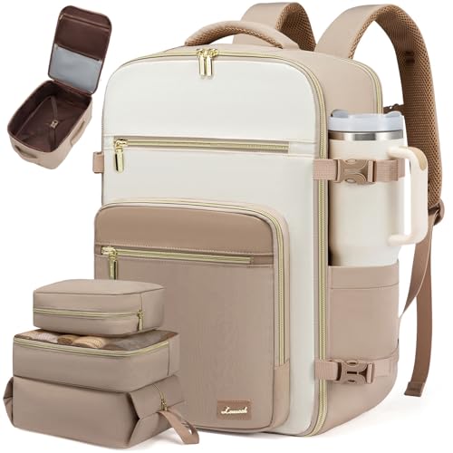 LOVEVOOK Travel Backpack For Women,50L Carry On Backpack Flight Approved,TSA Personal Item Travel Bag Fits 18 Inch Laptop,Business Weekender Overnight Daypack with Toiletry Bag and Cubes - color: Off-white and Khaki, size: 18 Inch-50L-4Pcs
