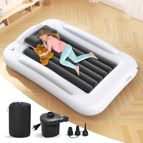 Inflatable Toddler Travel Bed - 60 Inches Portable Toddler Bed for Travel with Safety Sides - Cozy Kids Air Mattress Set with High-Speed Pump & Carry Case - Lightweight & Easy to Inflate -Grey - color: Grey