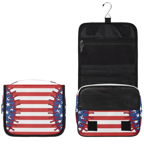Hanging Travel Toiletry Bag for Women, Baseball Flag Motif Water Resistant Polyester Organizer with Hook & Handle, Large Capacity Cosmetic Bag for Travel, Gym, Camping - color: Baseball Flag Motif