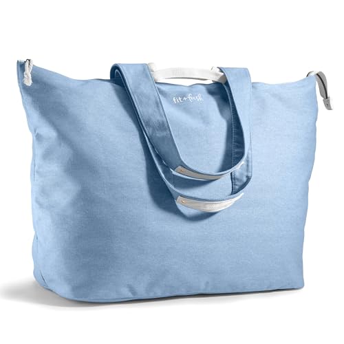 Fit & Fresh XL Beach Tote Bag for Women – XL Travel Tote with Zipper & Pockets, Oversized Canvas Pool Bag, Weekender Carry-On - color: Denim Blue