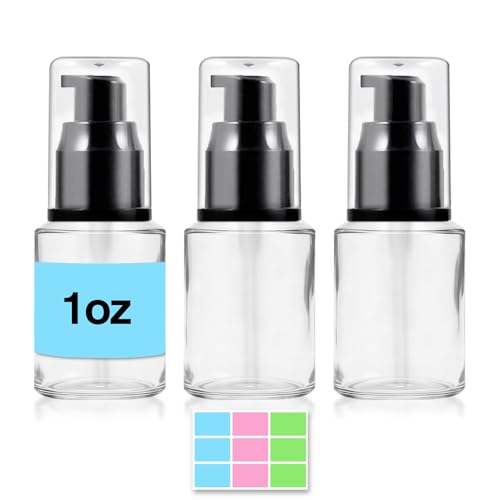 3PCS 30ML/1OZ Empty Clear Glass Bottles with Pump Refillable Vial Cosmetic Dispenser Jars Storage Travel Lotion Container Portable Sample Bottle for Toiletries,Foundation,Cream,Gel,Lotion - color: Clear, size: 1 Ounce