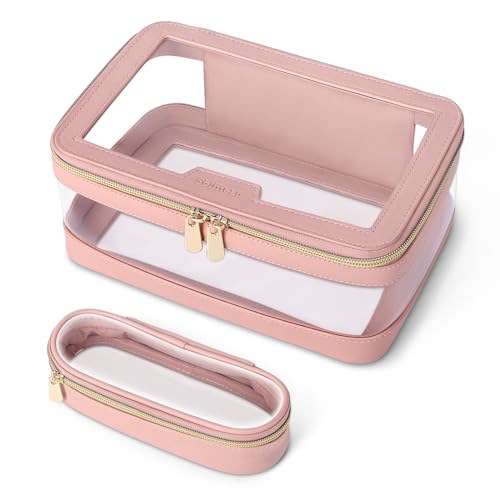 Soimeat Travel Clear Makeup Bag with Makeup Brush Bag, Leather Makeup Case Toiletry Bag, Portable Cosmetic Bag Case, Transparent Waterproof Cosmetic Organizer Storage Bag for Women, Pink - color: Pink, size: L