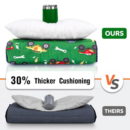 Primlect Toddler Nap Mat Extra Large Thickened 55''x35'', Soft Sleeping Bag with Detachable Minky Blanket and Pillow, Portable for Daycare, Preschool, Kindergarten, Travel, Boys and Girls - color: Green Truck