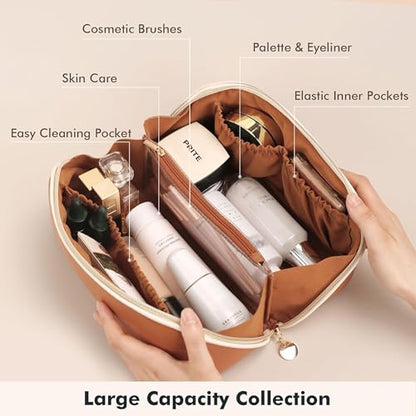 Prite Makeup Bag for Women Travel Waterproof Vegan Leather Cosmetic Bag Open Flat Toiletry Bag With Clear Divider and Handle (New Brown, Medium) - color: New Brown, size: Medium