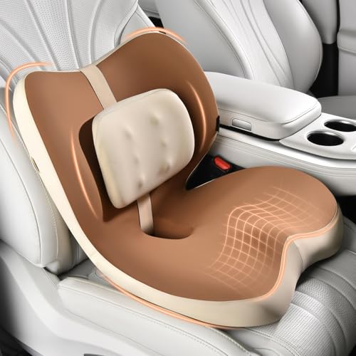 FLORICH 2 in1 Truck Seat Cushion and Lumbar Support Pillow Memory Foam Car Seat Cushion with Adjustable Strap for Truck Driver Long Drives, Fits Semi Truck Seat,Car,Office&Gaming Chair(Brown)