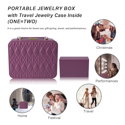 Travel Jewelry Case Large Jewelry Box Jewelry Travel Organizer Jewelry Case with Handle Removable Tray Best Gift for Women Girls (Wine) - color: Burgundy-2