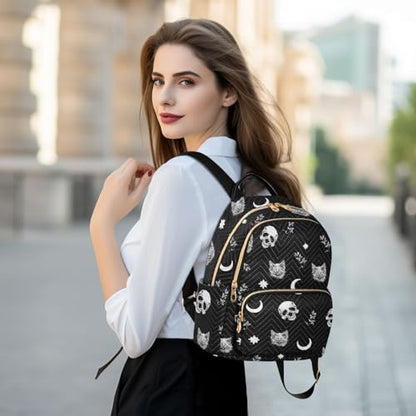 Women Fashion Backpack Purse Casual Lightweight Travel Shoulder Bag Skull Cat Moon Gothic Pattern Rucksack Ladies Bag, Small - color: Skull Cat Moon Gothic Pattern, size: Small