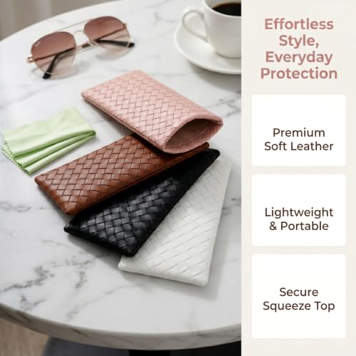 Goufaju 4 Pcs Soft Leather Squeeze Top Sunglass Case with Cleaning Cloth, Portable Eyeglass Pouch for Travel and Daily Use (Pink,Brown,Black,White & 4×Cleaning Cloth)