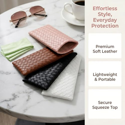 Goufaju 4 Pcs Soft Leather Squeeze Top Sunglass Case with Cleaning Cloth, Portable Eyeglass Pouch for Travel and Daily Use (Pink,Brown,Black,White & 4×Cleaning Cloth)