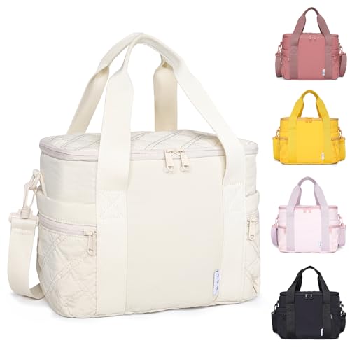 NOL Natural Organic Lifestyle Women's Nylon Lunch Cooler Cute Quilted Lunch Bag Large Leakproof Insulated Lunch Tote Bag for Work Picnic Travel,Cream - color: Cream, size: Medium