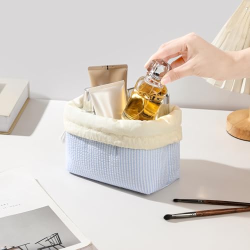 Cotton Quilted Seersucker Makeup Bag with Canvas Lining,Coquette Aesthetic Cute Travel Toiletry Bag,Drawstring Gift Bag for Women and Girls（Seersucker） - color: Seersucker