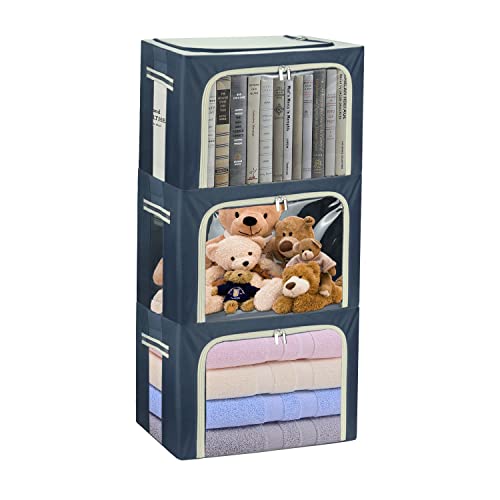Clothes Storage Box Bins Stackable Foldable Organizer,Sturdy Handles with Metal Frame for Clothing Bedding Shelves,Closet Container with Clear Window Zipper and Label Holder (Navy, 40L x3 Pack) - color: Navy, 40L x3 Pack
