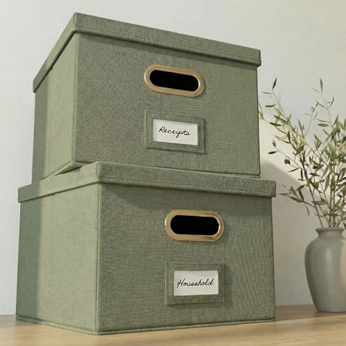 Decorative File Organizer Box Set of 2 - Collapsible Linen Filing Cabinets with Handles Are Perfect to Store All Your Documents & Hanging File Folders - Portable Easy Slide Office Crates with Lid - color: Sage