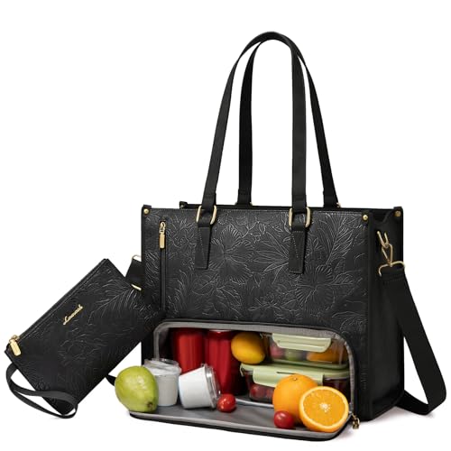 LOVEVOOK Lunch Tote Bag for Women, 17.3 Inch Laptop Bag with Insulated Lunch Compartment, Quilted Large Capacity Computer Handbag with Purse for Business, Work, Nurse, Office, Collage, Casual - color: Jet Black, size: 17.3 Inch