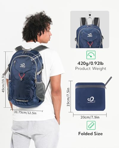 WATERFLY Lightweight Packable Hiking Backpack: 30L Foldable Travel Daypack Ultralight Camping Day Pack for Woman Man Dark Blue - color: Dark Blue