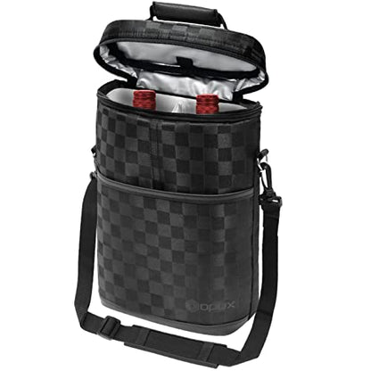 opux 2 Bottle Wine Carrier Tote, Insulated Leakproof Wine Cooler Bag, Wine Travel Bag Tote for Picnic BYOB Beach, Portable Wine Bottle Carrying Case, Gift for Wine Lover Women Men Christmas - color: Checkered Black