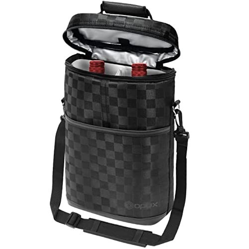 opux 2 Bottle Wine Carrier Tote, Insulated Leakproof Wine Cooler Bag, Wine Travel Bag Tote for Picnic BYOB Beach, Portable Wine Bottle Carrying Case, Gift for Wine Lover Women Men Christmas - color: Checkered Black