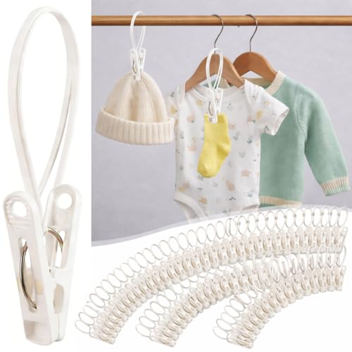 Baby Clothes Pins Pants Hangers Clip, Multi-Purpose Laundry Hooks Hanging Clips Bulk with Plastic Rope for Closet Organizer Hat Sock Bra Bathroom Wardrobe Kitchen Towel Travel Clothing Drying 60Pack