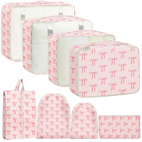 8 Set Packing Cubes for Travel Suitcase Organizer Bags Luggage Packing Cubes Set Travel Essentials Accessories Gifts for Women - color: Pink Bow