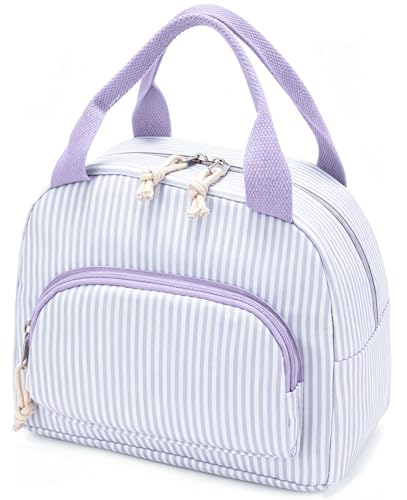 Lunch Bag Women Lunch Box for Women Adult Cute Insulated Lunch Bag Small Cooler Lunch Tote Bags for Work Picnic Travel (Purple Stripes) - color: Purple Stripes