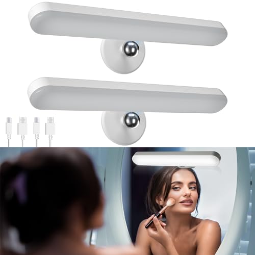 Benreom 2 Pack Wireless Vanity Lights for Mirror, Rechargeable Battery Operated Makeup Light, Adjustable Color Brightness & Angle Light Bar, Magnetic Stick on LED Lighting Bathroom Decor Accessories - color: 3 White Light, size: 2 Pack
