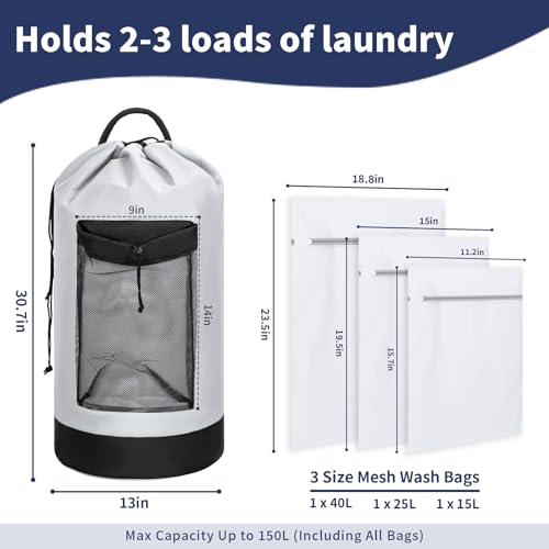 150L Laundry Bag Backpack with 3 Sizes Mesh Wash Bags and Shoulder Straps Foldable Clothes Hamper Bag with Drawstring Closure for College, Apartment, Laundromat(White) - color: White