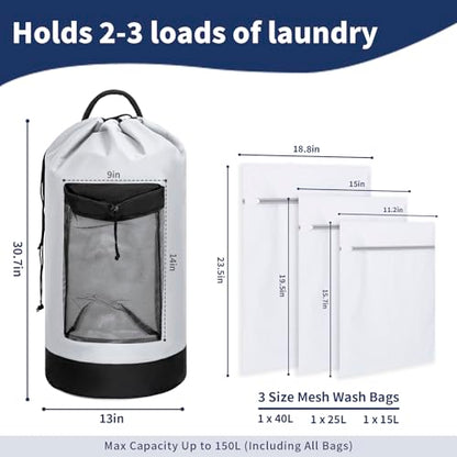 150L Laundry Bag Backpack with 3 Sizes Mesh Wash Bags and Shoulder Straps Foldable Clothes Hamper Bag with Drawstring Closure for College, Apartment, Laundromat(White) - color: White