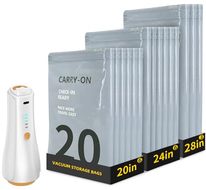 15Pack Travel Vacuum Storage Bags with Rechargeable Wireless Electric Pump - 5300Pa, 3 Sizes Space Saver Seal Bags Fit for (24/28/30 Inch) Carry on Luggage Suitcase, Travel Essentials Packing Cubes
