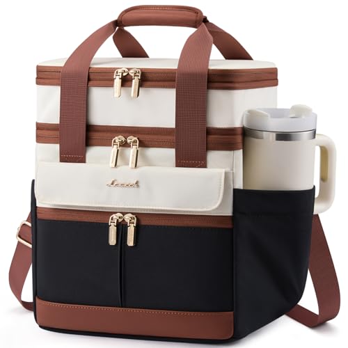 LOVEVOOK Insulated Lunch Bag Women Men,Expandable Double Deck Lunch Box for Women With Large Cup Holder,Leakproof Cooler Bag For Adult Lunch Tote Bag Work Picnic Beach with Adjustable Shoulder Strap - color: Black with Off White with Brown, size: X Large
