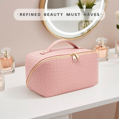 Travel Makeup Bag – Large Cosmetic Organizer with Waterproof PU Leather, Smooth Double Zipper & Tear-Resistant Lining, Toiletry Pouch for Women (Pink) - color: 03-Pink