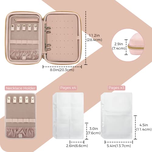 ProCase Large Travel Jewelry Organizer Case, Jewellery Home Storage Book Ring Binder with Clear Pockets for Presentation, Zippered Pouch Bag for Earrings Necklaces Bracelets -Pink - color: Pink, size: Large, Loose-leaf
