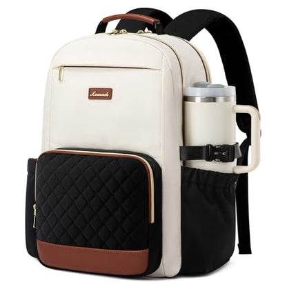 LOVEVOOK Laptop Backpack for Women with Pouch Pocket for Large Capacity Cup,15.6 Inch Teacher Nurse College Work Travel Backpack Purse,Waterproof Laptop Computer Bags,Beige-Black-Brown+Diamond-shaped - color: Beige - Black - Chestnut Brown + Diamond-shape