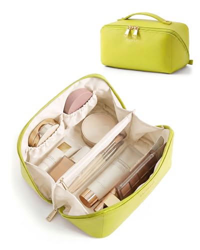 BAGSMART Makeup Bag Travel Cosmetic Bag, Large Make Up Bag Flat Open Toiletry Bag for Women, PU Leather Travel Essentials Organizer Case, Wide-open Pouch Purse for Skincare, Brushes, Light Green - color: 18- Light Green