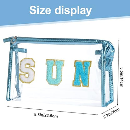 Clear Preppy Patch Cosmetic Bag, Sun Chenille Letter Bag for Beach, Clear Travel Pouch with Zipper, Small Toiletry Bag for Women Girls Teens Gift (Blue) - color: Blue
