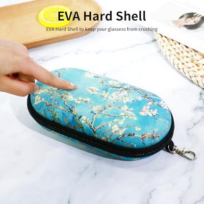 Double Eyeglasses Case, Hard Shell Dual Sunglasses Organizer with Zipper Clip Travel Glasses Storage for Women Men - color: Blue Apricot Blossom