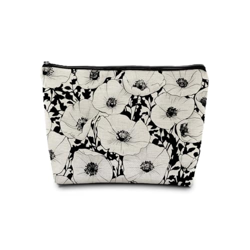 Black and White Poppy Floral Makeup Cosmetic Bag for Women, Modern Botanical Flower Aesthetic Portable Travel Toiletry Bag Zipper Makeup Pouch - color: Flower three