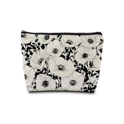 Black and White Poppy Floral Makeup Cosmetic Bag for Women, Modern Botanical Flower Aesthetic Portable Travel Toiletry Bag Zipper Makeup Pouch - color: Flower three