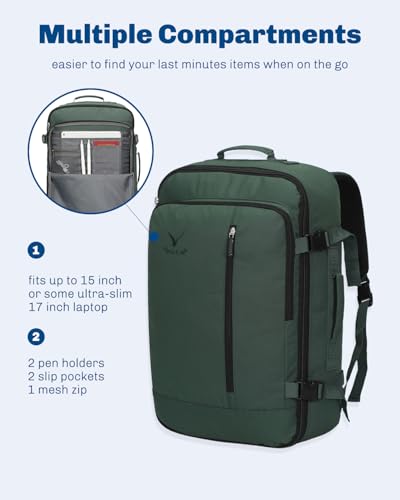 Hynes Eagle Carry on Backpack 38L Large Travel Backpack for Women Flight Approved Weekender Bag Laptop Backpack Men 15 inches Oliver Green - color: Oliver Green