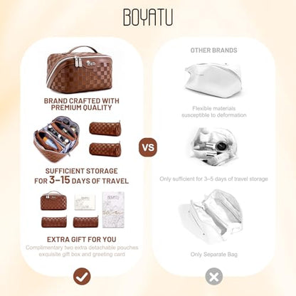 BOYATU Travel Makeup Bag Organizer: 3 Pcs Set Large Capacity Cosmetic Bags Holds 10–20 100ml Full-Size Bottles - 180°Open-Flat Make up Case 3-sec touch-up - Toiletry Bag Gift women (03-A-Coffee) - color: 01-F-Coffee