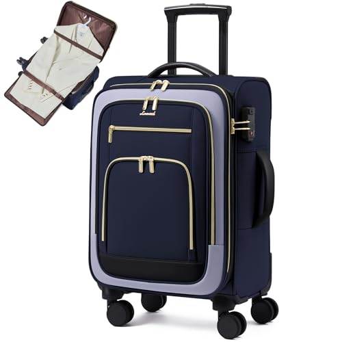 LOVEVOOK Carry on Luggage 22x14x9 Airline Approved, 22 Inch Large Rolling Suitcase with Garment Bag, Spinner Wheels & TSA Lock, 49L Softside Lightweight Underseat Carryon Luggage for Women Men Travel - color: Navy Blue-gray blue-black, size: 22 Inch With