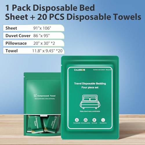 Disposable Bed Sheet for Travel with 20 Pcs Disposable Face Towels, Disposable Bed Sheets with Compressed Towel Table Travel Sheet for Hotel, Cruise, Trip, SPA, Camping - color: 1 Pack With 20pcs Towels