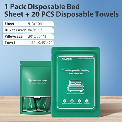 Disposable Bed Sheet for Travel with 20 Pcs Disposable Face Towels, Disposable Bed Sheets with Compressed Towel Table Travel Sheet for Hotel, Cruise, Trip, SPA, Camping - color: 1 Pack With 20pcs Towels